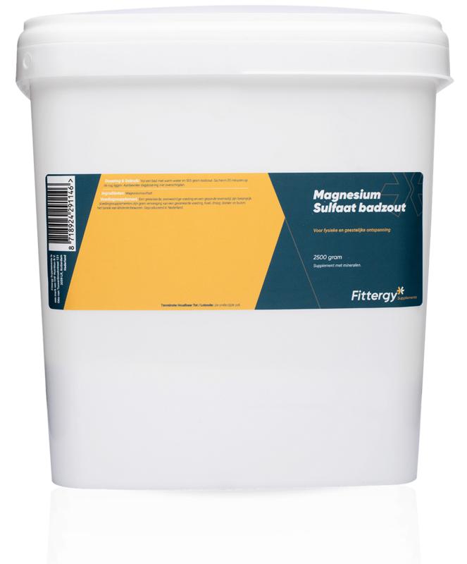 Fittergy magnesium sulfate bath salt in a 2500g container, ideal for relaxing baths and soothing skin.