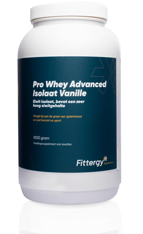 Fittergy Pro Whey Advanced Isolate Vanille protein powder in 1kg container, featuring amino acids and vanilla flavor.