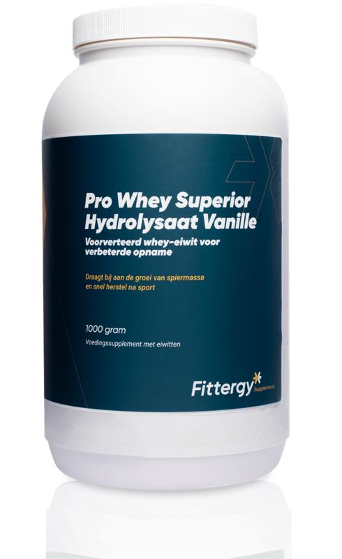 Fittergy Pro Whey Superior Hydrolysate Vanille amino acid supplement in a 1kg container, showing the product label and packaging.