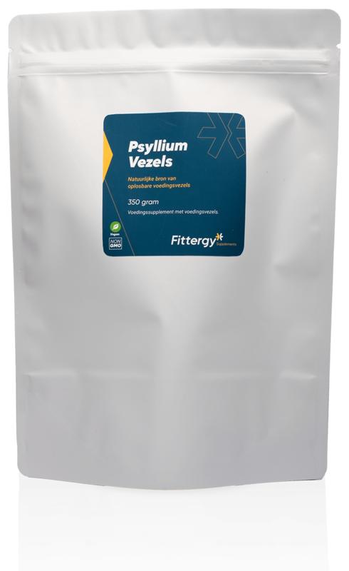Fittergy Psyllium husk vezels in 350g package, natural herbal supplement for digestive health, shown in the image