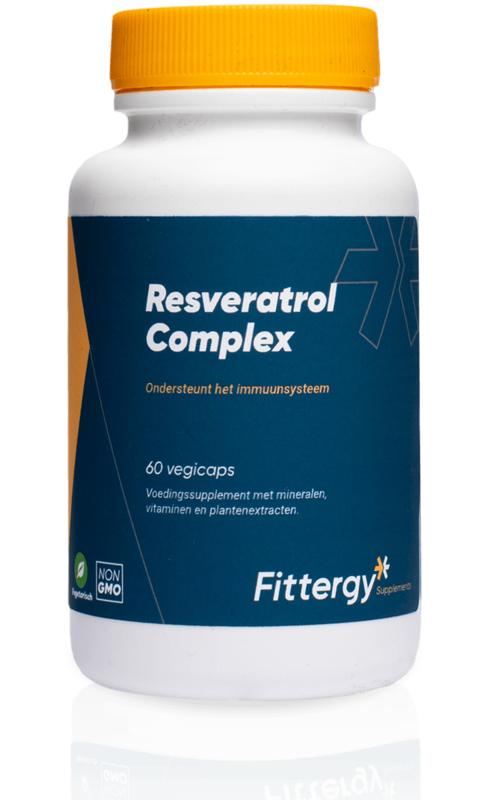 Fittergy Resveratrol complex vegetarian capsules, herbal supplement bottles with capsules inside, natural health product.