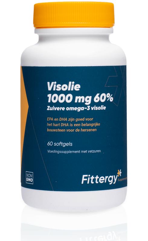 Fittergy Visolie 1000mg softgels containing 60% omega fatty acids, displayed in a clear bottle with softgel capsules.