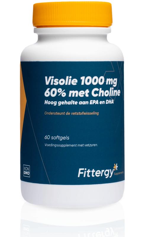 Fittergy Visolie 1000mg softgels with 60% choline, omega fatty acids supplement in a clear bottle with softgel capsules.