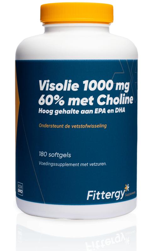 Fittergy Visolie 1000mg softgels with 60% omega fatty acids and choline, supplement for healthy fats and brain support.