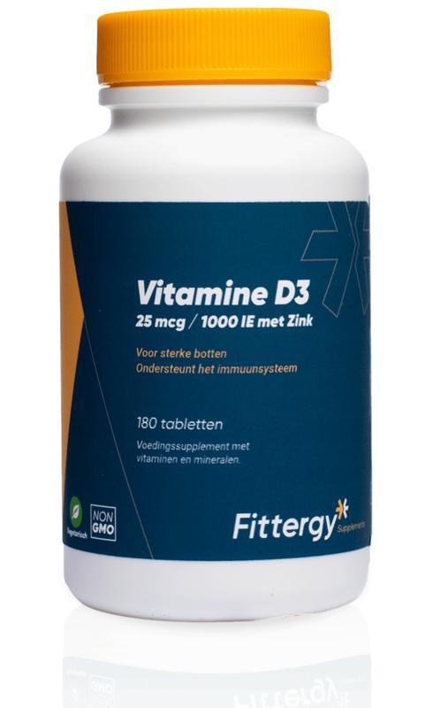 Fittergy Vitamin D3 25mcg with zinc, 180 tablets, dietary supplement in a blister pack.