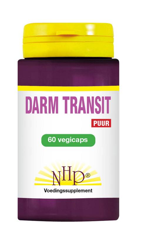 NHP Darm Transit Puur vegetarian capsules, herbal supplement in a clear bottle with a white label and capsules inside.