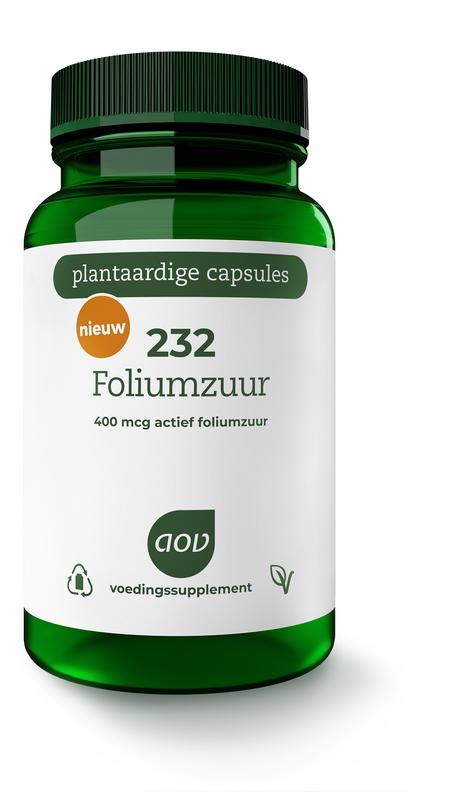 AOV 232 Foliumzuur 400mcg vegetarian capsules in a bottle, dietary vitamin supplement for folic acid intake.