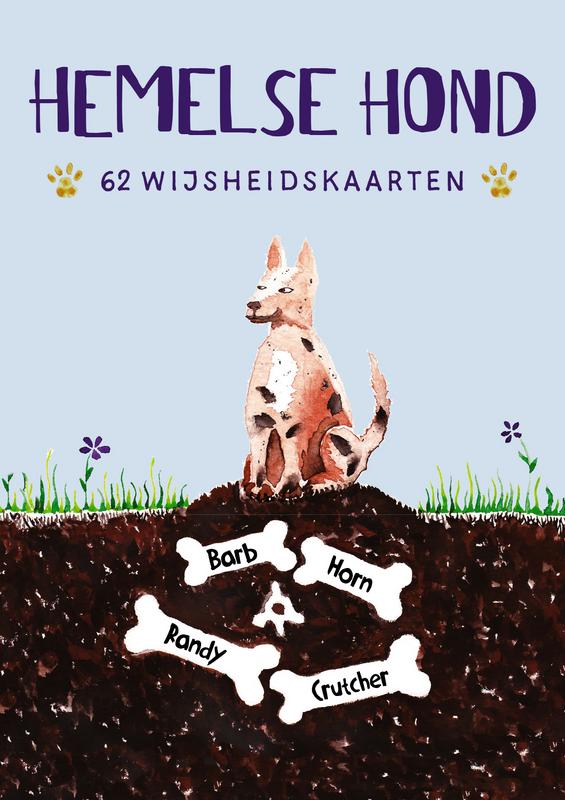 A set of 62 Hemelse Hond wisdom cards by A3 boeken, featuring colorful illustrations and inspiring messages displayed on the cards.