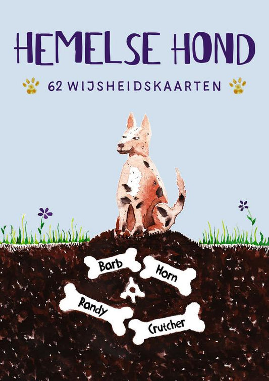 A set of 62 Hemelse Hond wisdom cards by A3 boeken, featuring colorful illustrations and inspiring messages displayed on the cards.