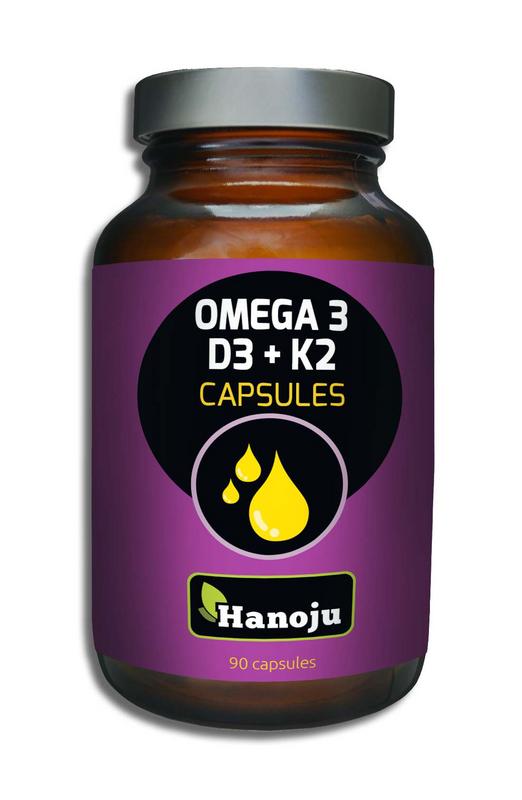 Hanoju Omega 3, D3, and K2 capsules, softgel supplement for heart and joint health, 90-count bottle.