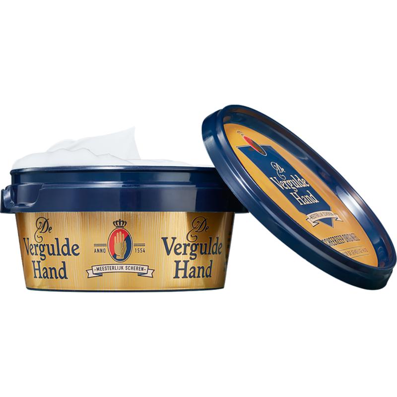 Vergulde Hand scheerzeeptablet in 75g packaging, suitable for shaving and hair removal, shown in the image.