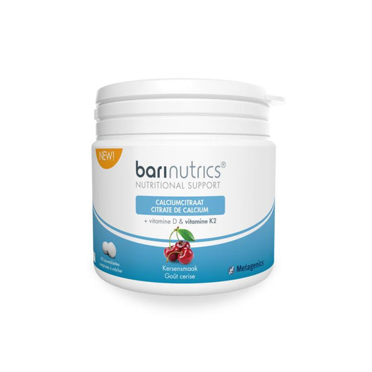 Barinutrics Calciumcitraat K2 chewable tablets for bone health, multi-vitamin supplement, displayed in the image.