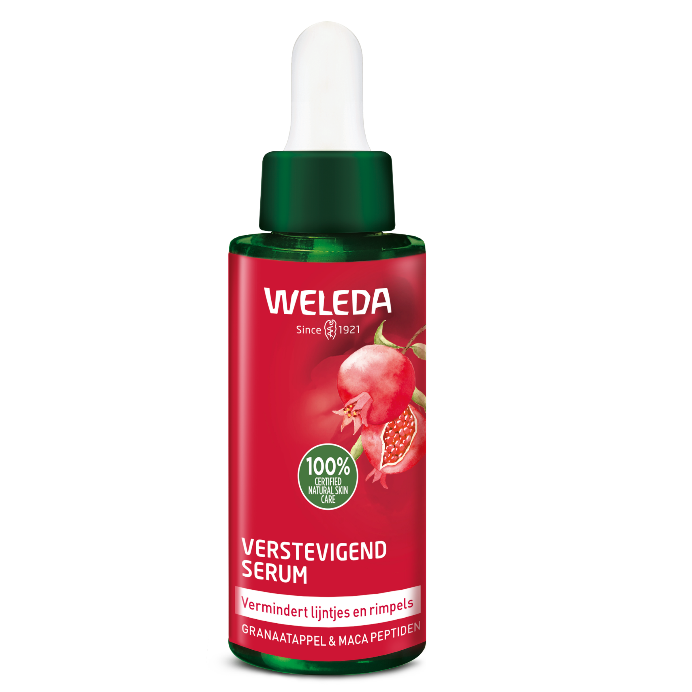 Weleda Granaatappel en maca verstevigend gezichtsverzorgingsserum in een 30 ml fles, geschikt voor huidverzorging.