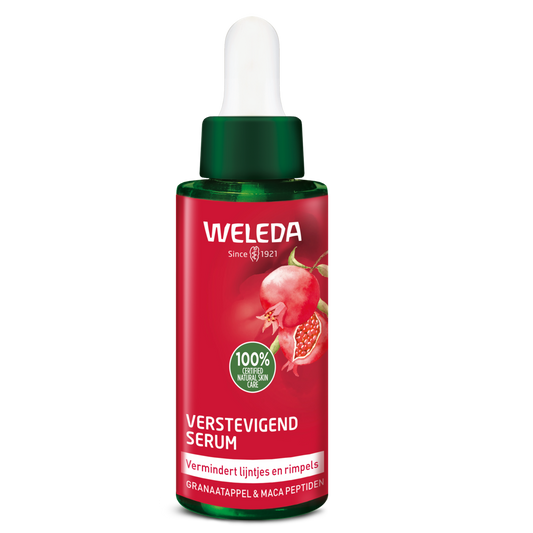 Weleda Granaatappel en maca verstevigend gezichtsverzorgingsserum in een 30 ml fles, geschikt voor huidverzorging.