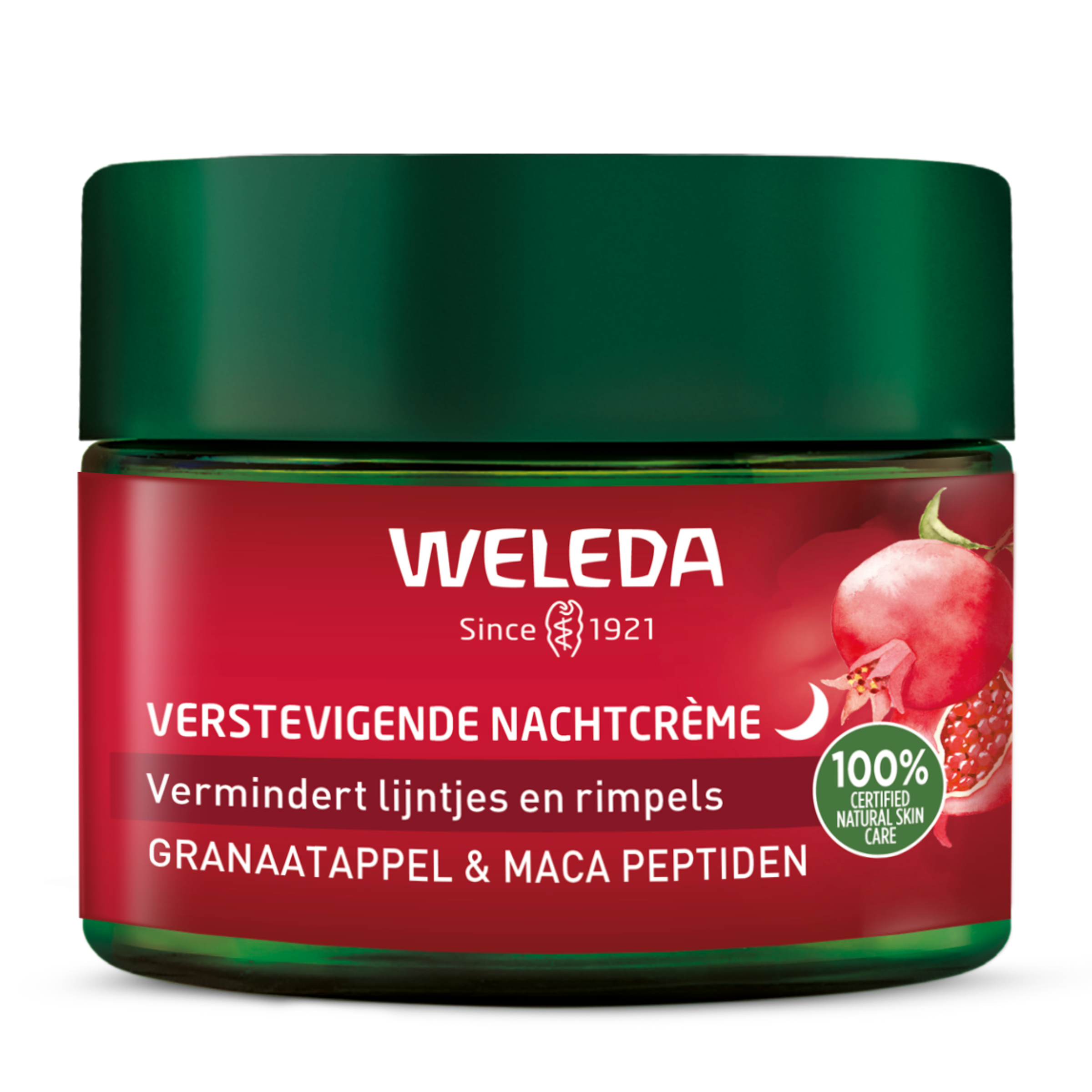 Weleda Granaatappel & maca verstevigende nachtcrème in 40ml jar, featuring natural ingredients for facial skincare.