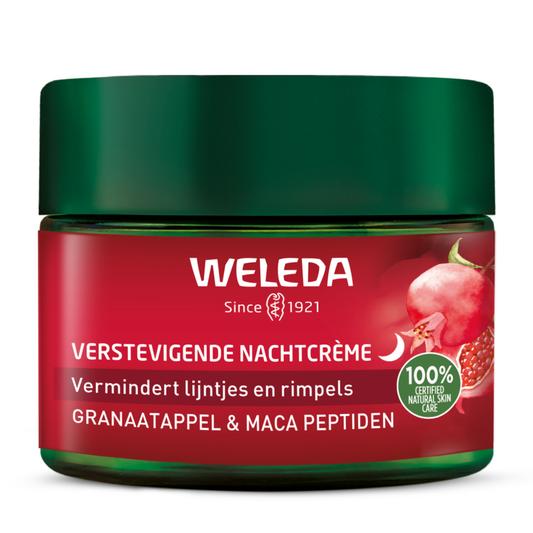 Weleda Granaatappel & maca verstevigende nachtcrème in 40ml jar, featuring natural ingredients for facial skincare.