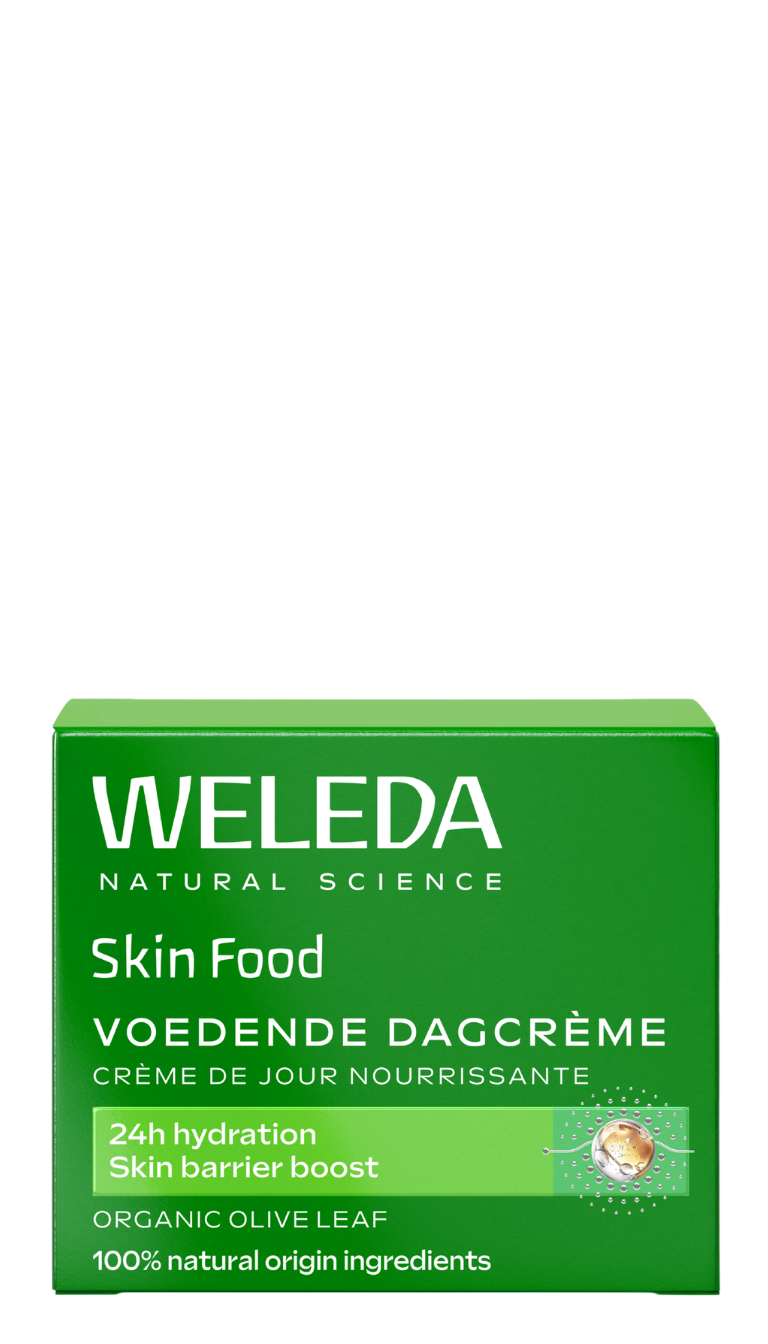 Weleda Skin Food nourishing day cream in 40ml jar, facial skincare product with a white container and green label.