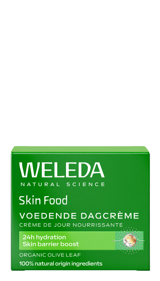 Weleda Skin Food nourishing day cream in 40ml jar, facial skincare product with a white container and green label.