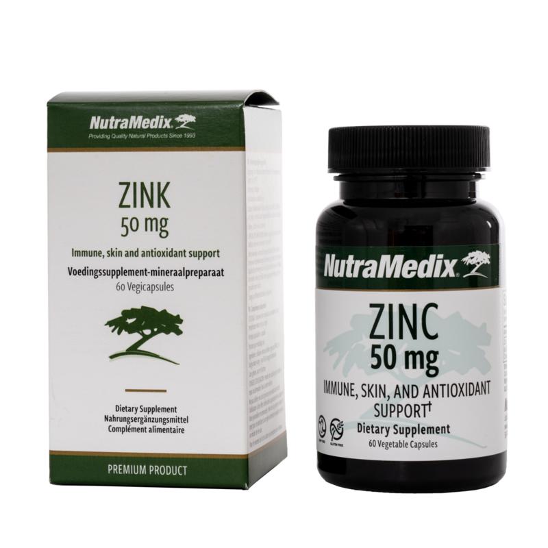 Nutramedix Zink 50mg mineral capsules displayed in a bottle, showing 60 capsules of zinc supplement.