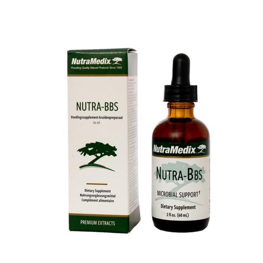Nutramedix Nutra BBS herbal supplement bottle, 60ml, featuring natural ingredients and product label.