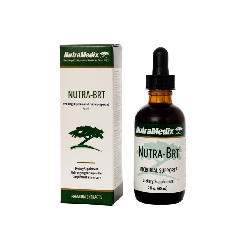 Bottle of Nutramedix Nutra BRT herbal supplement in a 60ml container, featuring the product label and packaging.