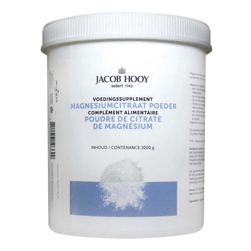 Jacob Hooy Magnesiumcitraat powder in a 1kg container, a natural mineral supplement for health and wellness.