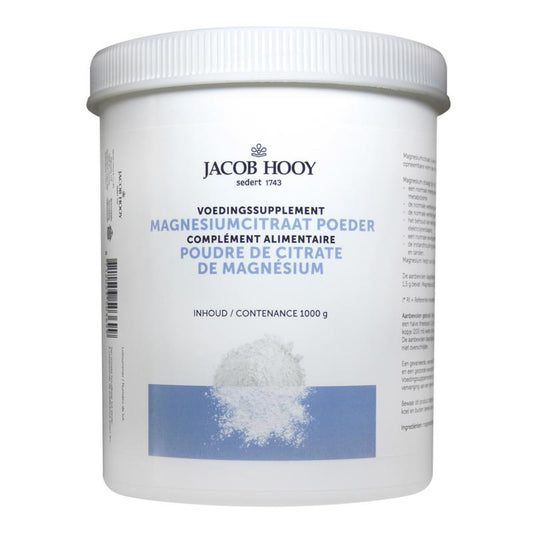 Jacob Hooy Magnesiumcitraat powder in a 1kg container, a natural mineral supplement for health and wellness.