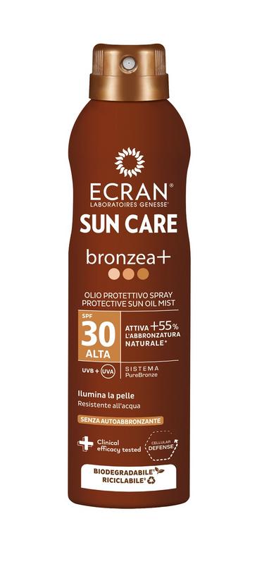 Ecran Sunnique sun care oil spray SPF30 in 250ml bottle, sunny outdoor scene with sun protection product visible