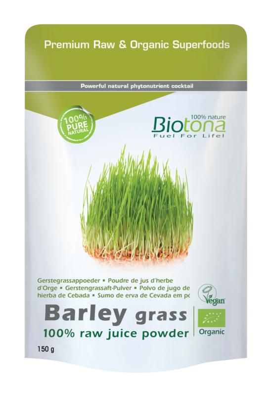 Biotona organic barley grass raw juice powder in 150g package, superfood supplement with vibrant green powder in a clear jar.