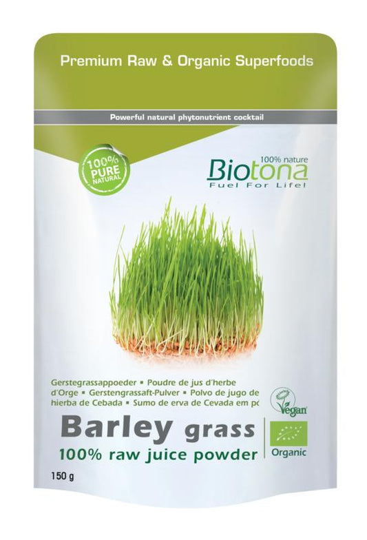Biotona organic barley grass raw juice powder in 150g package, superfood supplement with vibrant green powder in a clear jar.