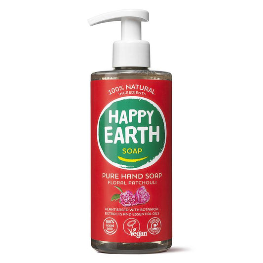 Happy Earth floral patchouli hand soap in a 300ml pump bottle, featuring a floral patchouli scent and elegant packaging.