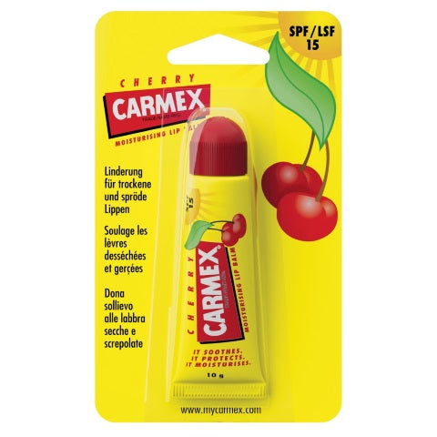 Carmex cherry lip balm tube, 10g, moisturizing lip care product with cherry flavor and smooth texture.