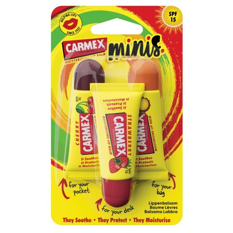 Assorted Carmex mini lip balm tubes in a 3-pack, featuring moisturizing lip care in small, portable tubes.