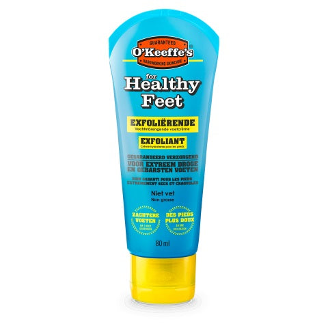 O'Keeffe's Healthy Feet exfoliating foot cream in 80ml tube, designed for smooth, nourished feet and foot care.