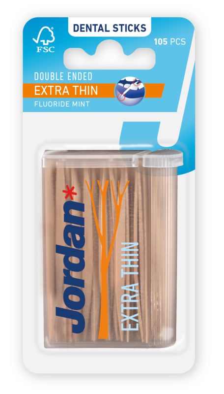 Jordan Tandenstoker extra dun 105 stuks, dental picks and scrapers, arranged in a container, for oral hygiene and cleaning.