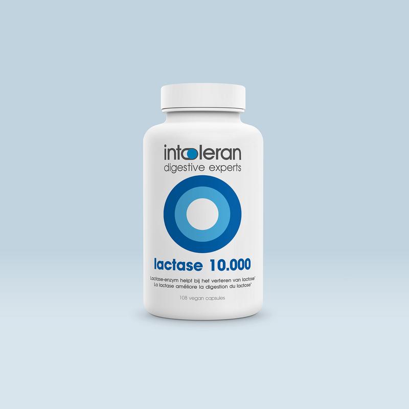 Intoleran Lactase 10,000 capsules, enzyme supplement for lactose digestion, in a white bottle with label.