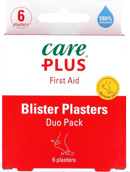 Care Plus Blarenpleisters duopack with 6 adhesive blister plasters and tape for skin protection and comfort.
