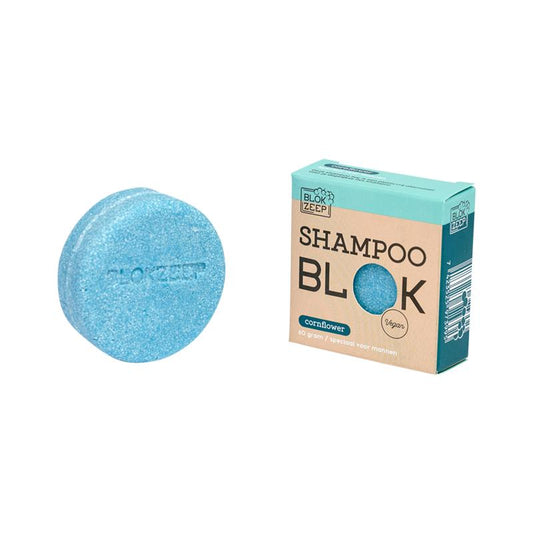 Blokzeep cornflower shampoo bar for hair care, 60g, showing the natural soap with cornflower ingredients on a white background.
