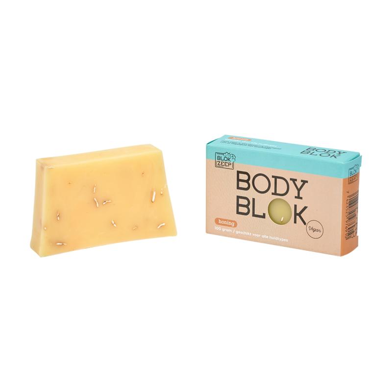 Blokzeep Body Bar honing for bad en douche, 100g, natural soap bar with textured surface and branding visible.