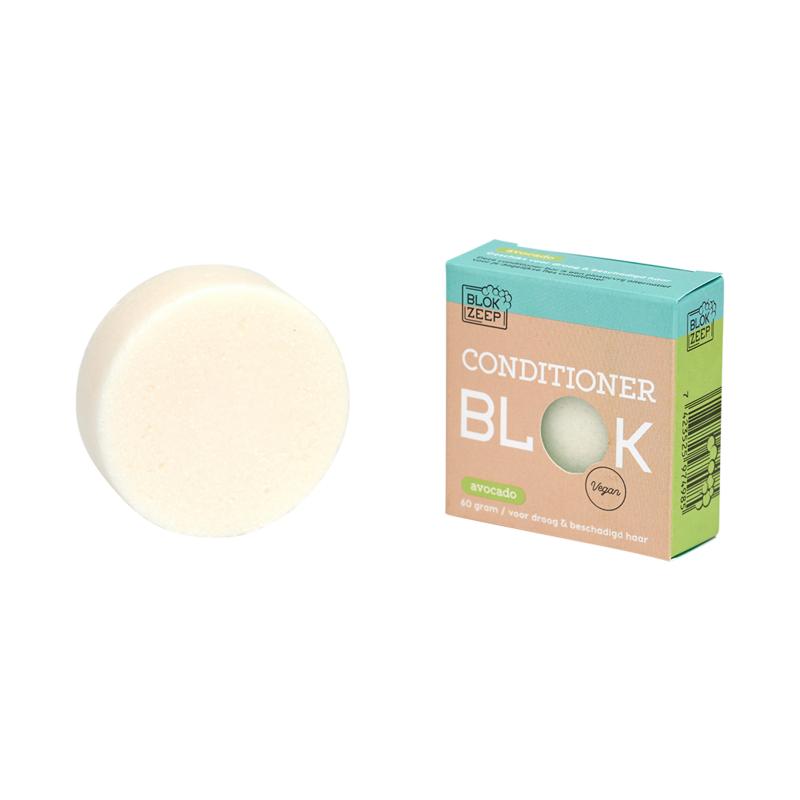 Blokzeep avocado conditioner bar for hair care, 60g, natural solid conditioner in a rectangular shape with green avocado design