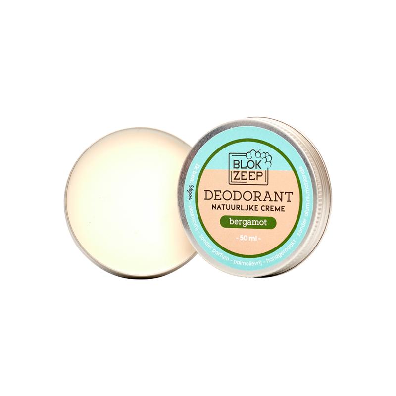 Blokzeep Deodorant Creme Bergamot in 50ml jar, creamy deodorant with fresh bergamot scent, shown in a close-up image.