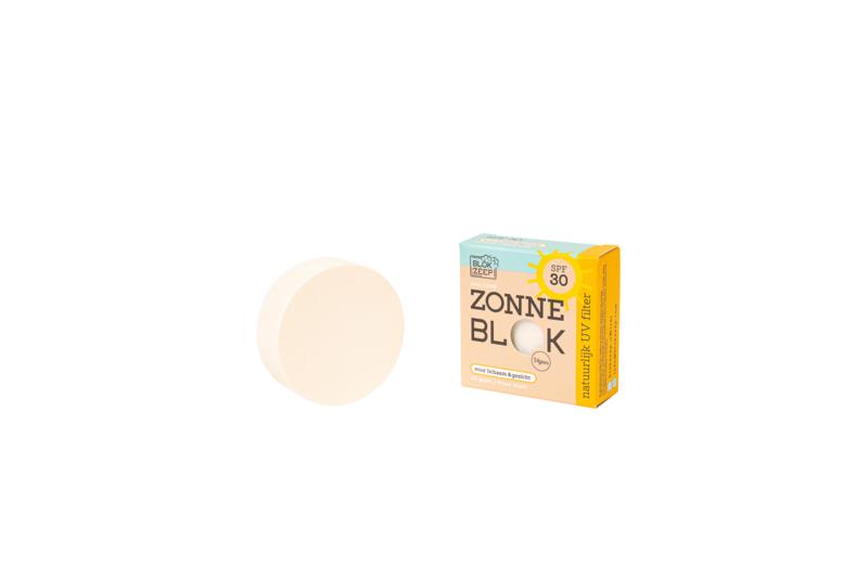 Blokzeep Zonneblok SPF30 sunblock stick, 60g, showing the sunscreen product with SPF label and packaging.