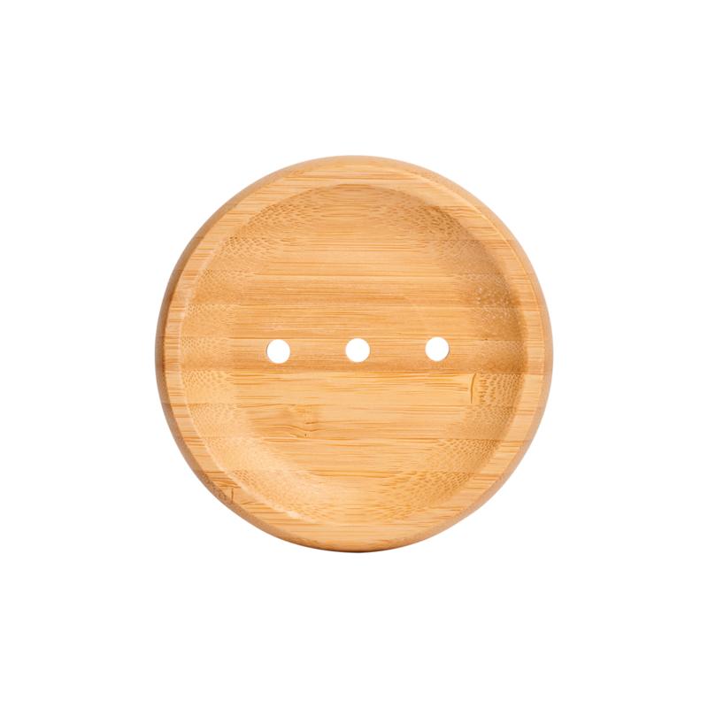 Round large bamboo soap holder by Blokzeep for bathroom and toilet, featuring natural bamboo design with soap resting inside.