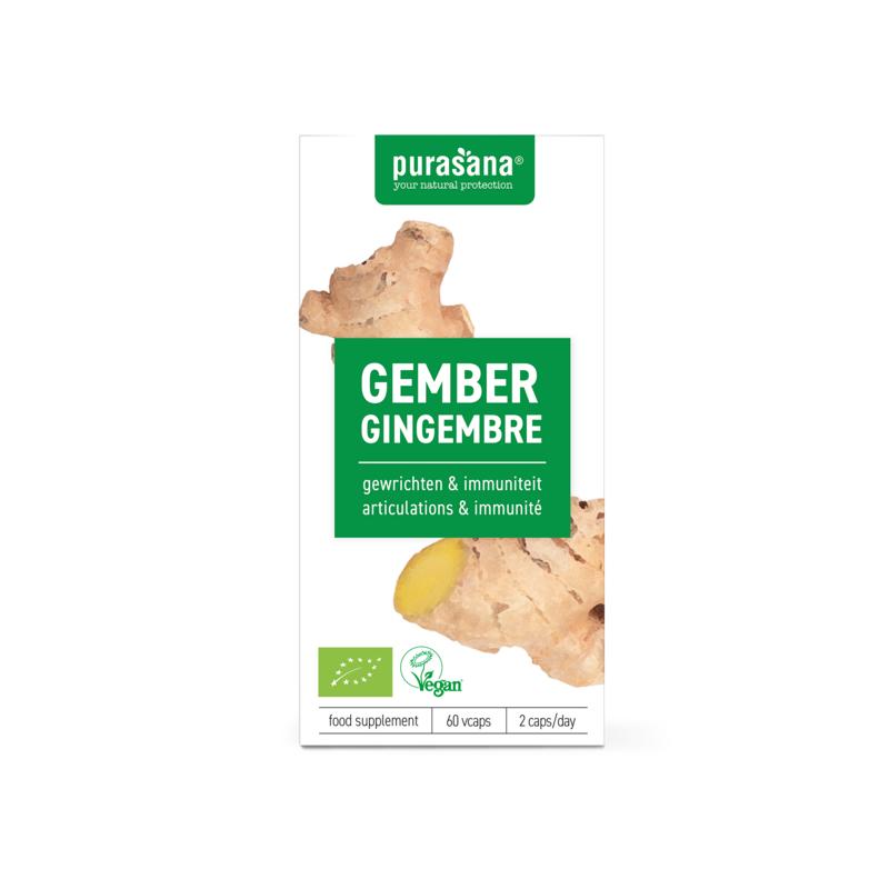 Purasana Gember vegan bio herbal capsules in a bottle, vegetarian dietary supplement for wellness and digestion.