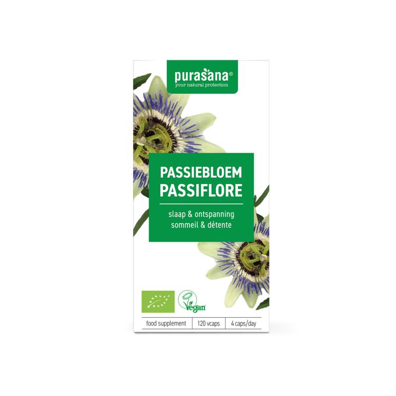 Purasana Passiebloem vegan bio herbal capsules, vegetarian supplement in a clear bottle with capsules inside.