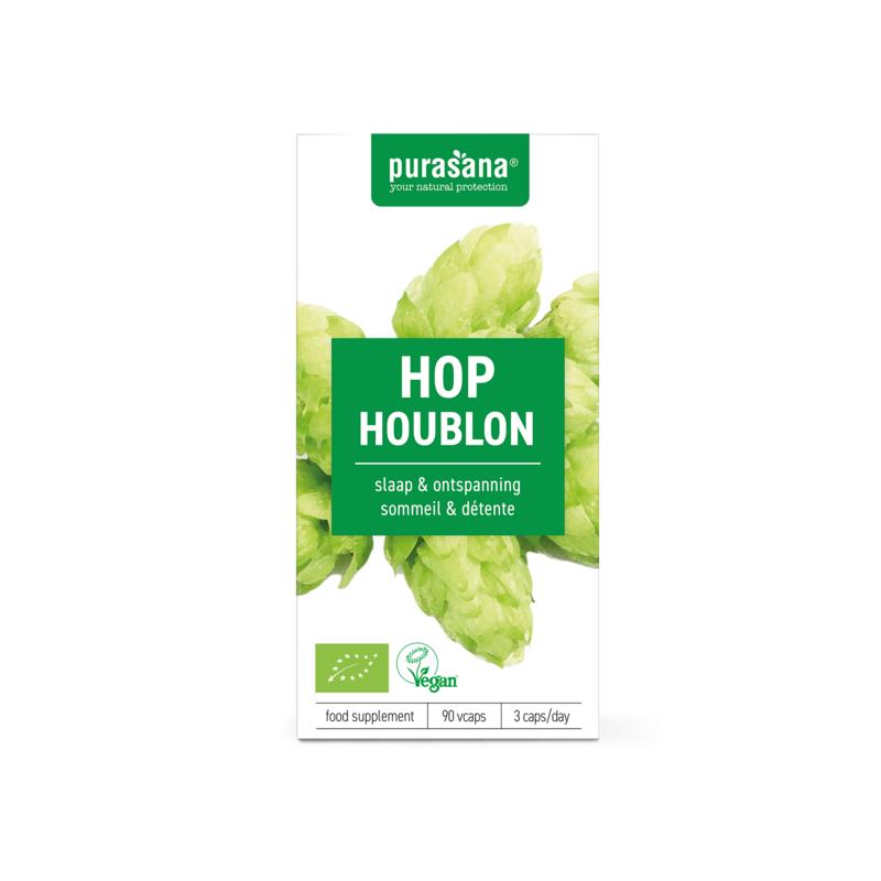 Purasana Hop vegan bio capsules in a bottle, herbal supplement for relaxation and well-being, vegetarian herbal product.