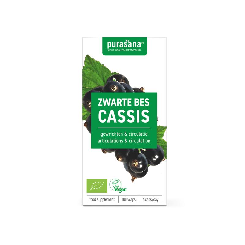 Purasana Zwarte Bes vegan bio capsules, vegetarian herbal supplement in a clear bottle with capsules visible inside.