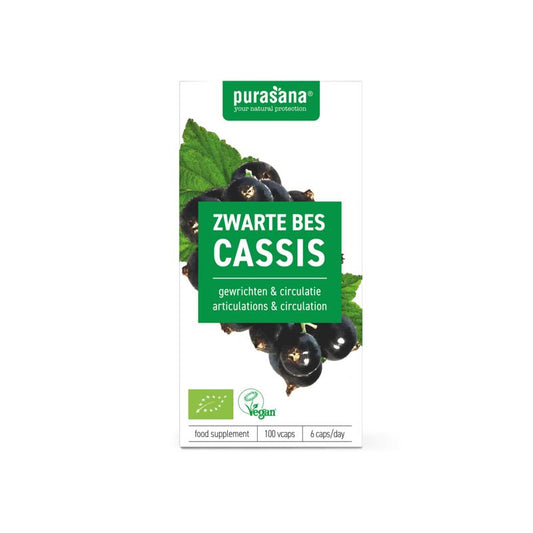 Purasana Zwarte Bes vegan bio capsules, vegetarian herbal supplement in a clear bottle with capsules visible inside.