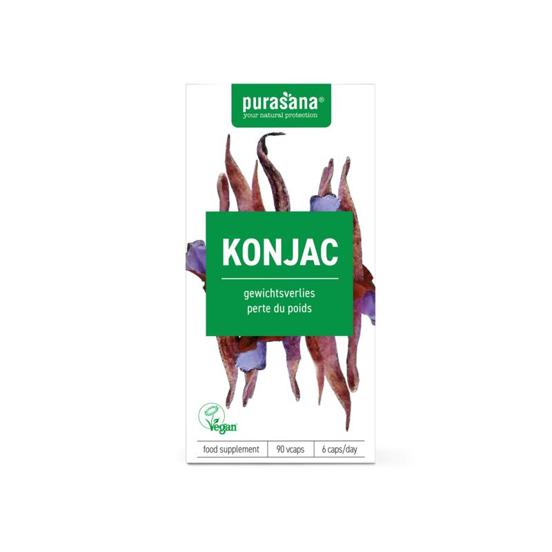 Purasana Konjac vegan capsules, 90 vegetarian herbal supplement capsules in a blister pack.