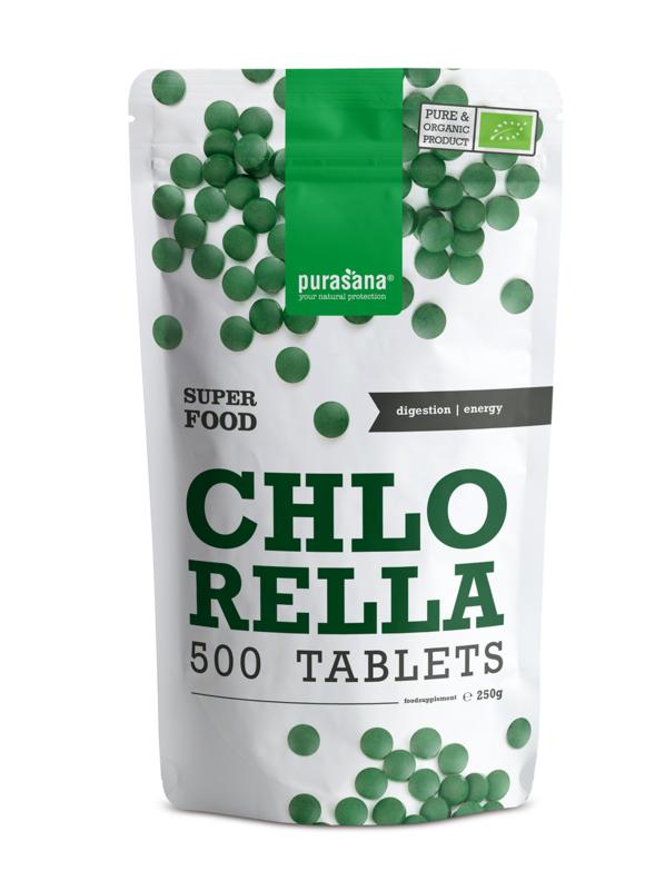 Purasana Chlorella vegan bio supplement in a bottle of 500 tablets, natural green algae herbal supplement for health.
